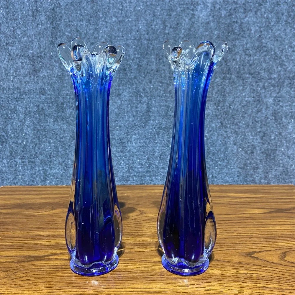 Vintage MCM Cobalt Blue Swung Glass Bud Vases 6 Finger Ruffled Set of 2 9